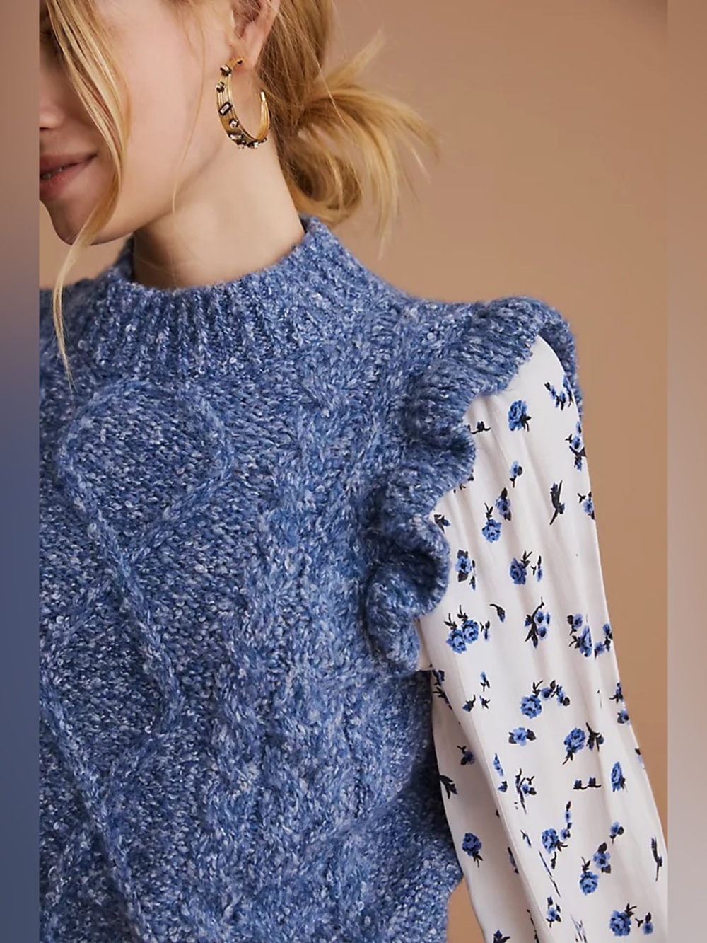 Anthropologie Maeve Layered Sweater Vest Blue White Floral L - Picture 2 of 14